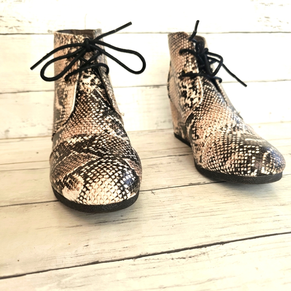 Pierre Dumas Faux Leather Snakeprint Wedge Lace up Sneakers Cream & Black - Picture 3 of 10